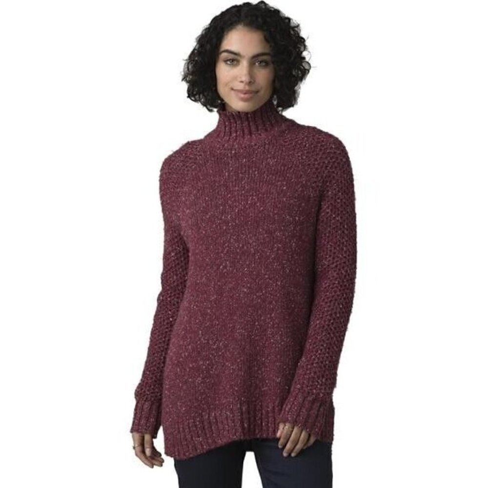 Prana Ibid Sweater Womens L Red Raglan Sleeve Mock Neck Chunky Cozy Knit Relax